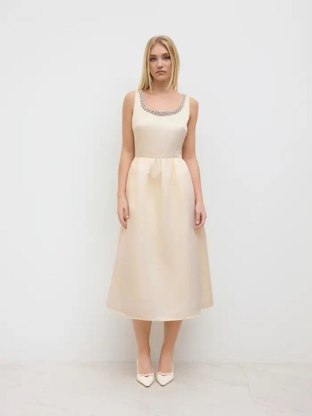 Cider NWT Women's Vintage Style Cream Satin Midi Dress Scoop Embellished Neck S